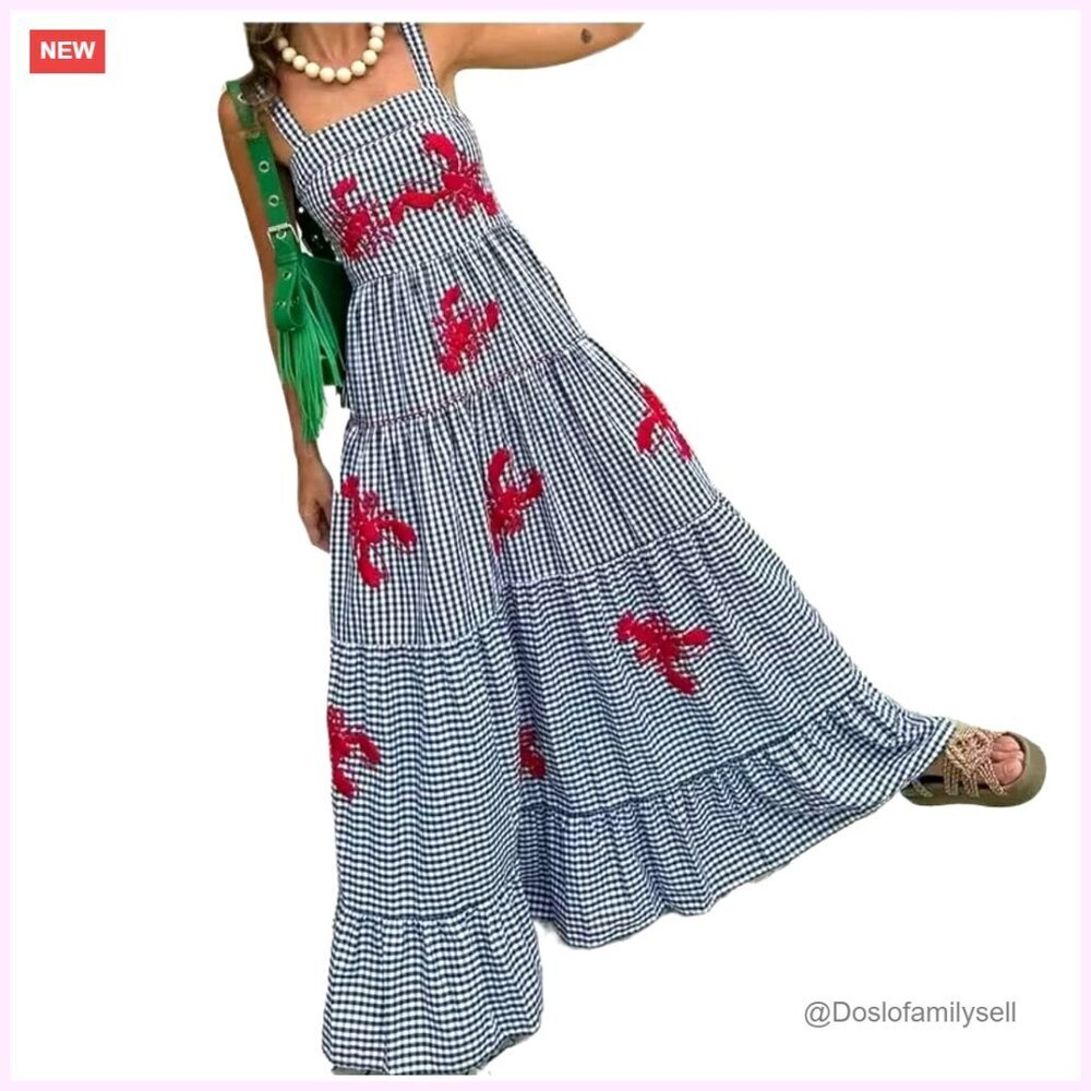 Linen Maxi Dress with Gingham Print, Flowy Ruffle Summer Dress